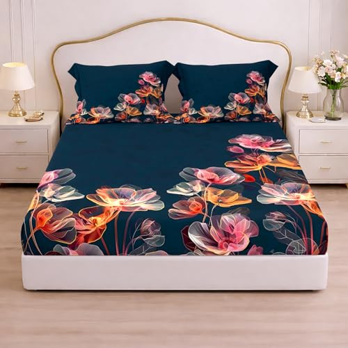 Image of Cloth Fusion Glace Cotton Elastic Fitted Bedsheet King Size with 2 Pillow Covers (78X72 inches, Blossom Aura)