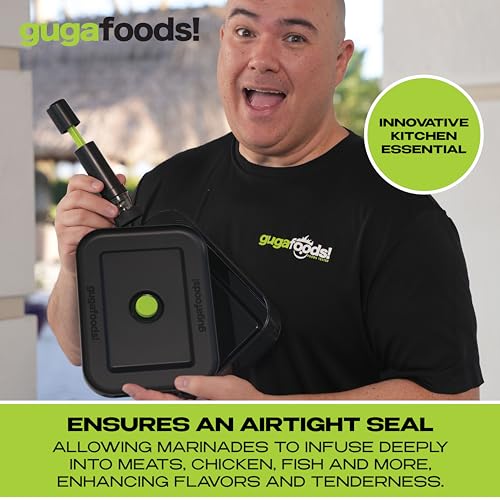 Guga Foods Vacuum Seal Marinade Container Set, Air Sealed Pump, Removes Air for Quick Marination, Barbecue & Grilling Marinator