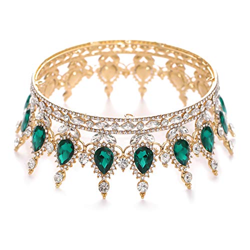 FORSEVEN Queen Crown Rhinestone Wedding Crowns and Tiaras for Women Costume Party Hair Accessories Princess Birthday Crown Crystal Bridal Crown, Gold+Green, 4.8x2.1 Inch (Pack of 1)