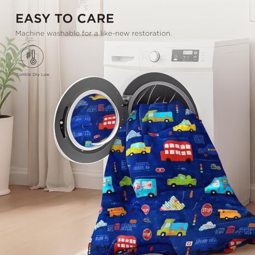 Image of 200 GSM 400 TC Kids Glace Cotton Reversible Cartoon Printed Double Bed King Size Comforter with Matching Bedsheet 90 * 100 with 2 Pillow Covers Set of 4 Pieces (Truck Bus)
