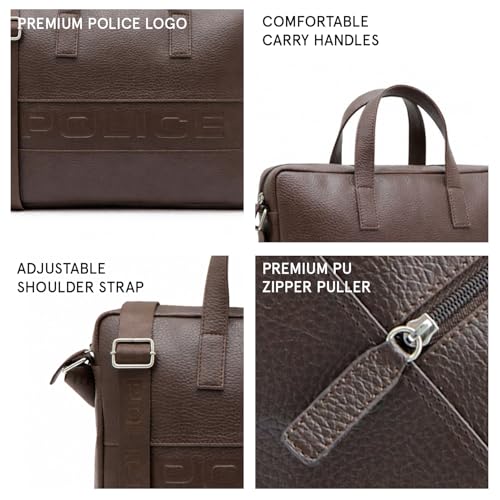 Image of Police 14 Inch Laptop Briefcase for Men | Premium Textured Leather Office Bag with Padded Laptop Compartment | Branded Adjustable Shoulder Strap | Professional Business Messenger Bag | Brown