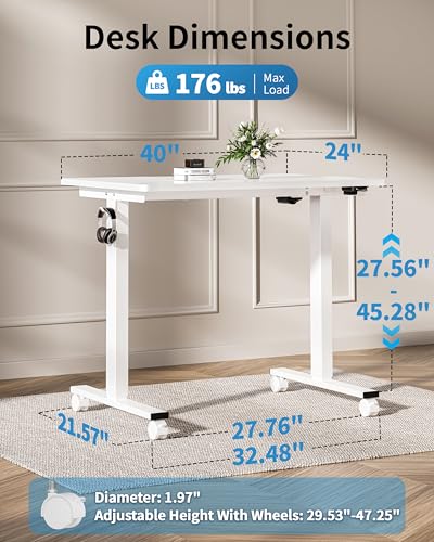 Image of Okin Electric Standing Desk, 40 x 24 Inches Whole Piece Height Adjustable Desk, White Sit to Stand Desks Computer Workstation with Wheels for Home Office