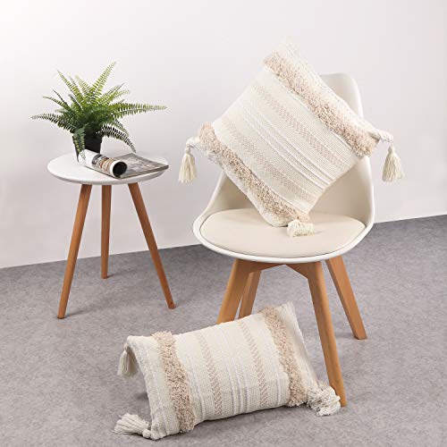 Ojia Lumbar Decorative Boho Throw Pillow Cover, 12 X 20 Farmhouse Cute Pillowcase Minimalist Neutral Collection Cream White Tufted With Tassels Woven Cushion Cover For Sofa Couch Bedroom Living Room #TOP7