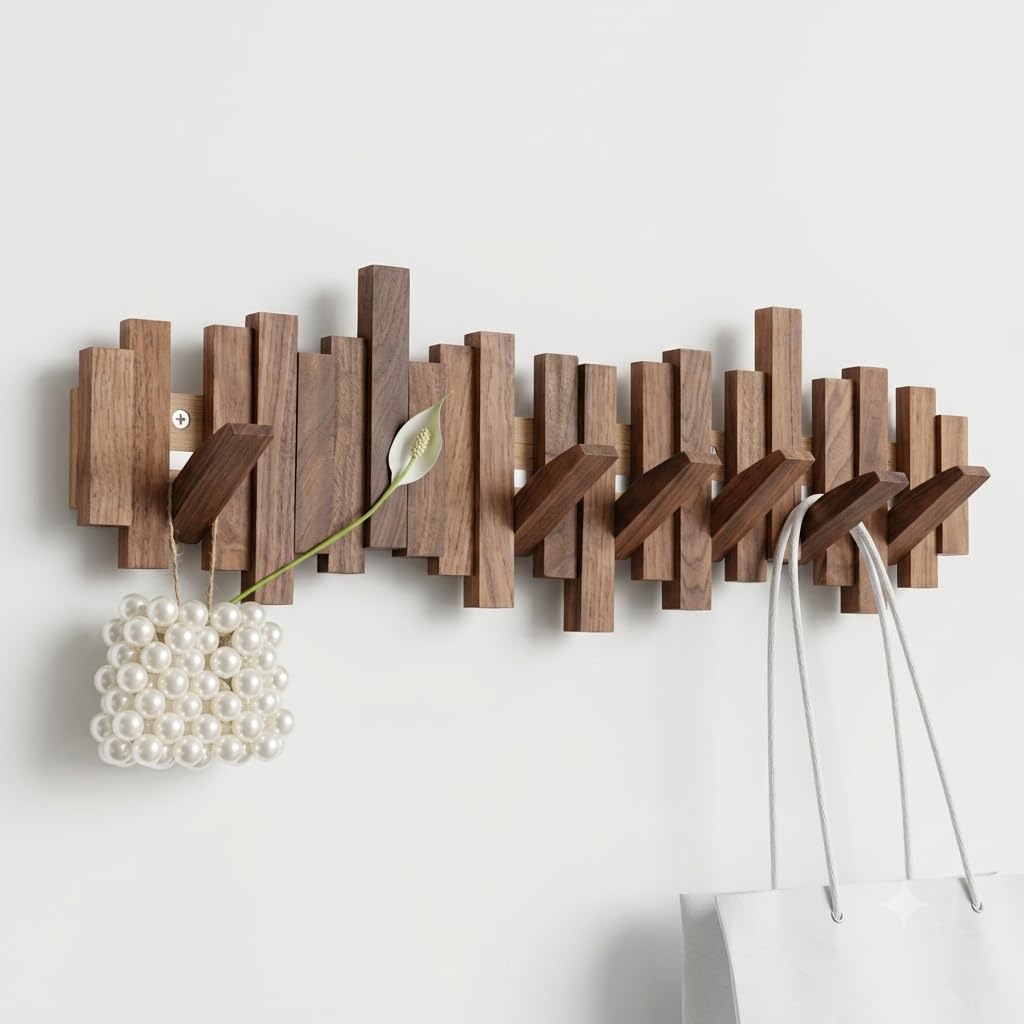 GABS & CO.Minimalist Wood Foldable Wall Hooks, Decorative Skyline Coat Rack, Space-Saving Hidden Hook Wall Organizer for Hallway, Bedroom, and Office Decor (8 Hook)-image-0