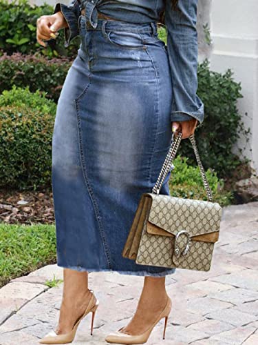 Women's Casual Slit Denim Midi Jean Skirt Stretch High Waisted Button Up Frayed with Pockets2