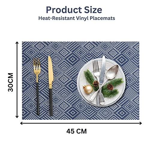 Image of YELONA Placemats Set of 6, Heat-Resistant Woven Vinyl Table Mats, Non-Slip & Washable Dining Tablemats for Kitchen & Dinner Decor, Blue & White (45cm x 30cm)