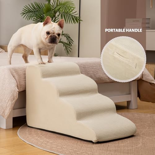 Image of Aodisman Dog Steps for Bed or Couch,4-Step Pet Stairs Ramp for Small Dogs | 17.4 inch H Indoor Non-Slip Dog Stairs Help Senior Dogs,Short-Legged Breeds,Puppies and Cats to Reach Beds and Chairs,Grey,Beige
