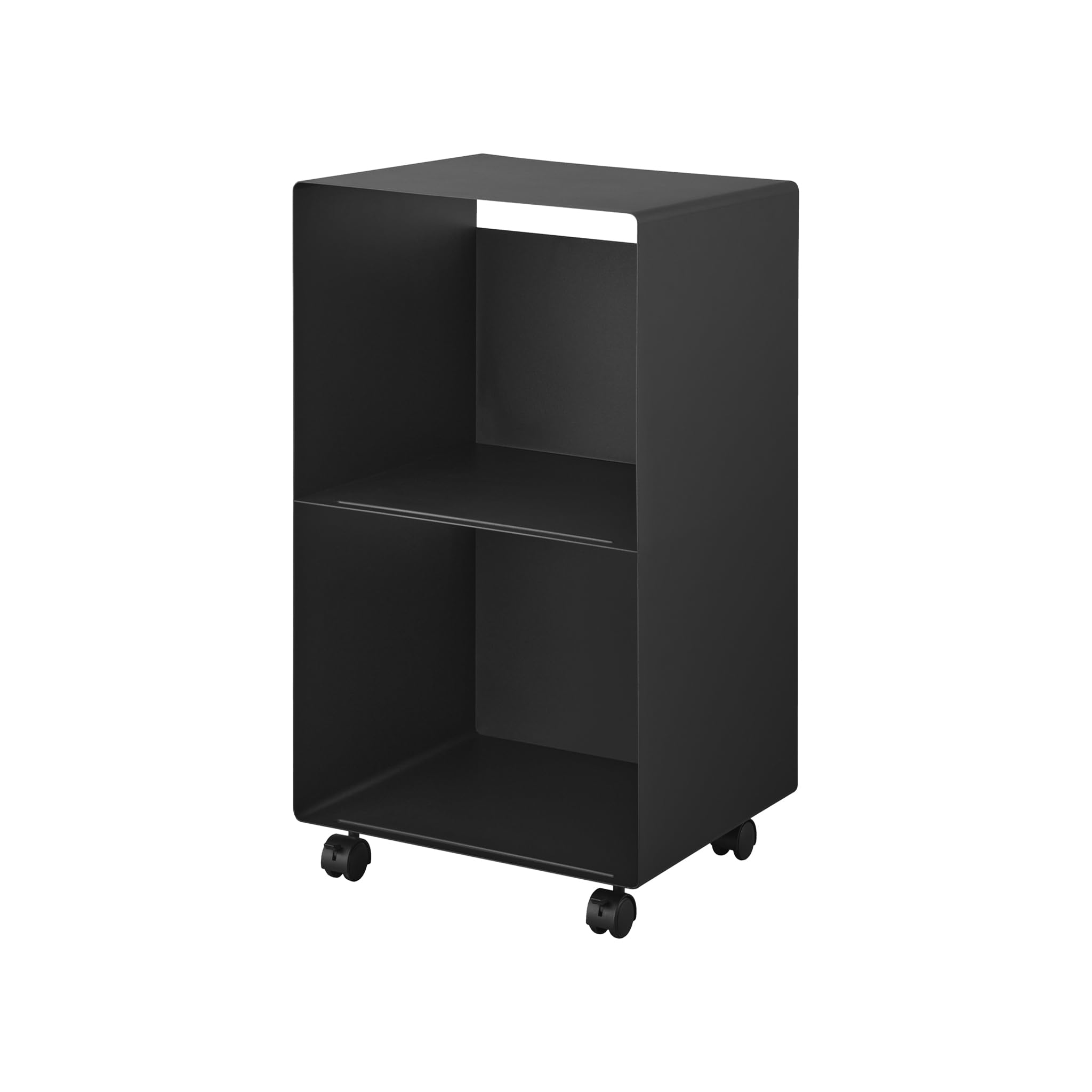 YAMAZAKI 10230 TOWER 2-stöckiges Schallplatten-Regal mit Rollen, schwarz, Stahl/Nylon, minimalistisch, 40 x 38 x 73,3 cm (L x B x H)