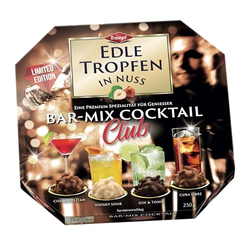 Edle Tropfen in Nuss Bar-Mix Cocktail Club 250g 4 Sorten flüssig gefüllte Schokoladen-Pralinen mit Zuckerkruste und knackigen Haselnuss-Splittern