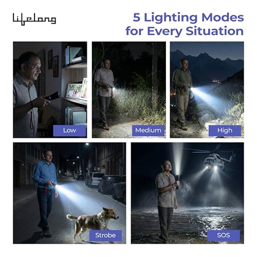 Image of Lifelong Rechargeable High Power Torch Light | 5000 Lumens, XHP90 Emergency Flash Light for Night| 5000 mAh | IP55 Dust & Waterproof |Adjustable Focus Zoom & Wide Beam for Camping, Trekking & Outdoor