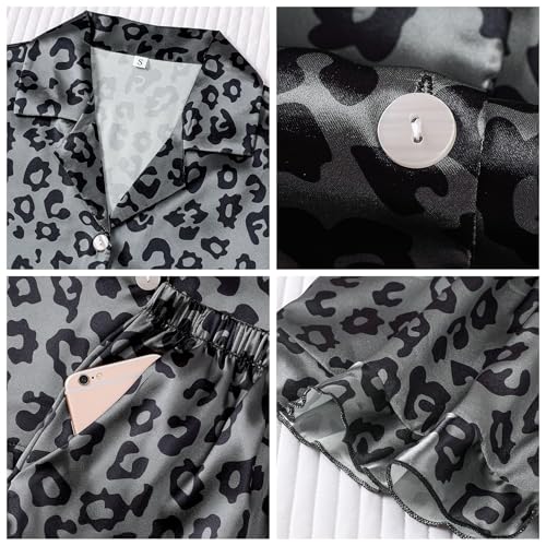 Image of Satin Pajamas Set For Women 2Pcs Ruffled Silk Pj Button Down Pajama Sleepwear Loungewear Summer Nightwear