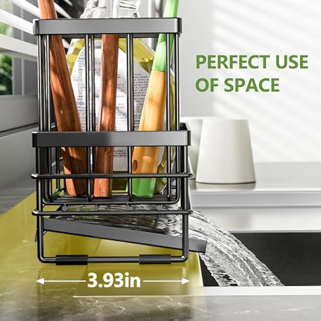 Cisily Sink Caddy Sponge Holder for Kitchen with Brush Holder and Stainless Steel Self Drain Tray, Rustproof Kitchen Sink Organizer for Sponge, Soap Dispenser Storage Accessories (Black)