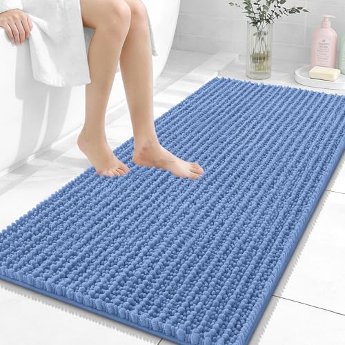 Image of OLANLY Long Bathroom Rugs Runner 47x24, Thick Soft and Absorbent Chenille Bath Mat, Non-Slip, Machine Washable Quick Dry Bath Rugs for Tub Shower Floor, Home Decor Accessories, Cornflower Blue