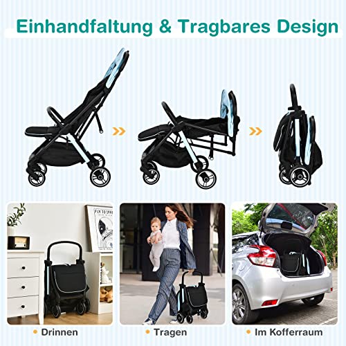 GOPLUS Zusammenklappbarer Kinderwagen, Buggy mit Verstellbarer Rückenlehne & Fußstütze & Bremse, 5-Punkt-Gurt, Einhändiges Sammeln, Vordach mit Fenstern, Aufbewahrungstasche, für 0-3 Jahre (Blau)