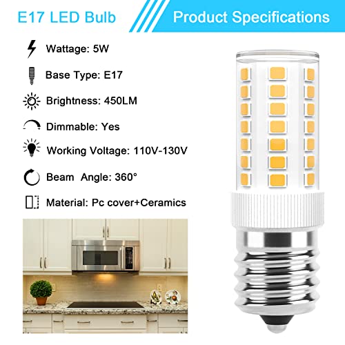 Image of E17 LED Bulbs Dimmable 5W Microwave Over Stove Bulb 125V 40W Incandescent Equivalent, Warm White 3000K, Fit for Whirlpool Maytag GE Kenmore LG Microwaves, Replaces 8206232A 1890433 AP4512653, 2 Pack