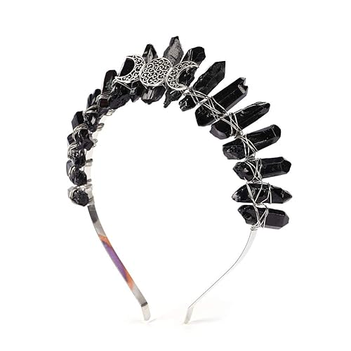 Bubbmi Black Raw Crystal Tiara Headband, Natural Quartz Moon Goddess Witch Fashion Hair Band for Wiccan Cosplay Party Headwear - BLACK