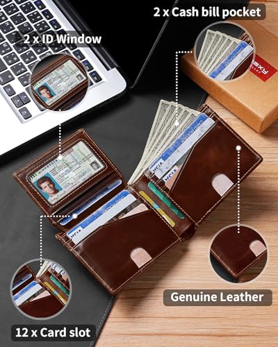 Image of Artpaxy Mens Wallet Bifold Genuine Leather RFID Blocking Wallet for Men with 2 ID Windows 12 Card Holders 2 cash pockets 1 Gift Box