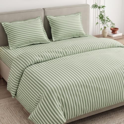 Image of Haus & Kinder King Size Bedsheet 108 x 108 | 186 TC Pure Cotton Bedsheets for Double Bed King Size with 2 Pillow Covers | King Size Bed Sheet Cotton | Tokiwairo Stripe Evergreen