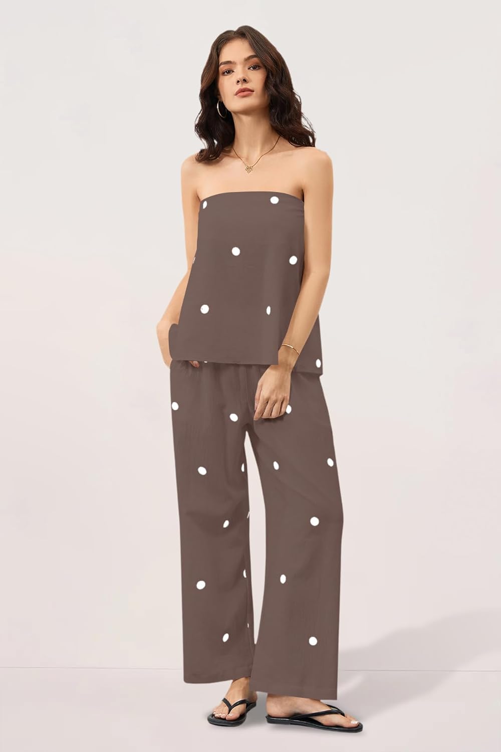 Women 2 Piece Outfits Polka Dot Summer Pants Set Strapless Tube Top High Elastic Waist Wide Leg Pants Lounge Sets - Image 3