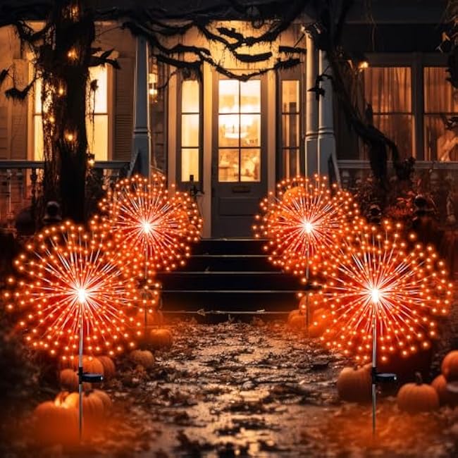 4 Pcs Halloween Solar Lights Solar Firework Lights 180 LED 8 Modes Outdoor Waterproof LED Stake Sparkler Christmas Decoration for Driveway Pathway Garden Patio Walkway Yard Lawn(Orange)
