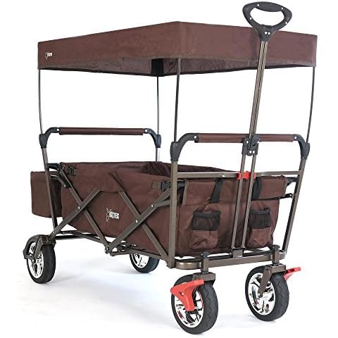 FUXTEC folding/foldable wagon - hand cart - garden trolley - carriage of children - outdoor - asphalt - hiking trail - hard ground - removable canopy - rear bag - 4 wheels - cover - CT-500 Brown Cover