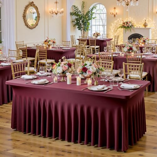 Image of 6 pk Burgundy Spandex Tablecloth 6ft with Ruffled Tables,Wrinkle Free High-Stretch Fitted Table Cloths for 6 Foot Rectangle Tables,Elastic Maroon Spandex Table Covers 6 ft for Weddings Banquet Dinning