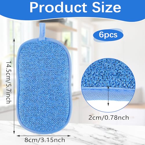 Image of 6 Pack Dual-Sided Sponges Kitchen, Non Scratch Microfiber Dish Sponge All Purpose Dish Washing Scrubber for Cleaning Non-Stick Cookware Dishes Kitchen Pots Pans Sink Household(Blue)