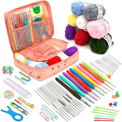 Rruize かぎ針編みキット 初心者向け 100点 毛糸8玉8色付き かぎ針セット 0.6〜6.0mm 収納バッグ付き 編み物 キット 基本道具一式 小物作り・モチーフ編みに 手芸 帽子 あみぐるみ (ピンク)
