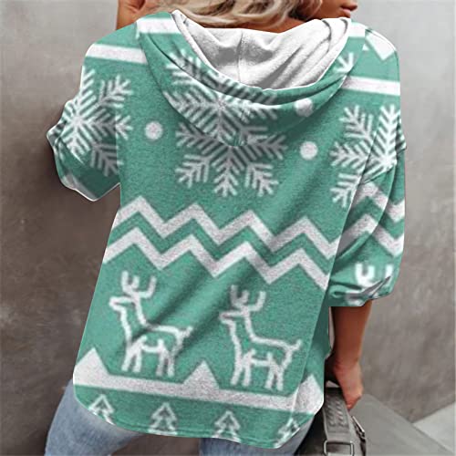 Moletom feminino com capuz de Natal clássico Papai Noel floco de neve cervo coração grande 1/4 botão
