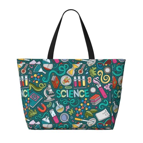 Cartoon Science Theme Print Beach Tote Large Capacity Beach Travel Bag Waterproof Sandproof And Lightweight2