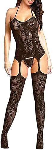 Bommi Fairy Women's Fishnet Chemise BobyStocking Babydoll Bodysuit Chemise Nightwear Perspective Lingerie Mini Dress One Size - Black