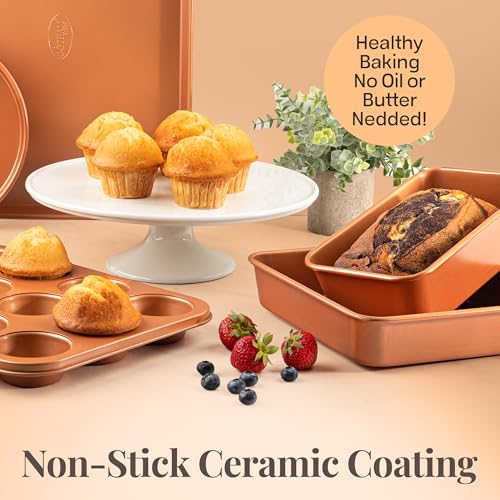 Gotham-Steel-Non-Stick-Ceramic-Bakeware-Set-5-Piece-No-Warp-Dishwasher-Safe-Baking-Set-Baking-Pans-Set-with-Round-Square-Baking-Pan-Muffin-Pan-Loaf-Pan-Baking-Sheet-for-oven-100-PFOA-Free Gotham Steel Non Stick Ceramic Bakeware Set 5 Piece No Warp Dishwasher Safe Baking Set Baking Pans Set with Round Square Baking Pan Muffin Pan Loaf Pan Baking Sheet for oven 100 PFOA Free