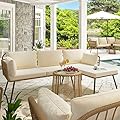YITAHOME 3 Pieces Patio Furniture Set, Outdoor Wicker Conversation Sectional L-Shaped Sofa with 4 Seater for Backyard, Porch, Boho Detachable Lounger with Cushions and Coffee Table - Beige