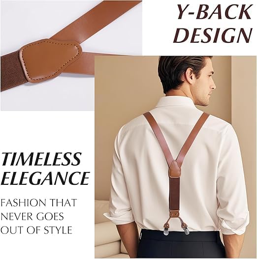 Genuine Leather Suspenders for Men,Y Back Design Leather Suspender with 6 Metal Clips,Adjustable Men's Suspender with Elastic Straps, Groomsmen Gift Wedding Brown - Image 4
