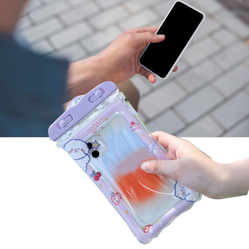JAOCDOEN Waterproof Phone Pouch Cartoon Cute Sensitive Touch Transparent Phone Pouch with Lanyard for Drifting Swimming Diving (Purple cat)