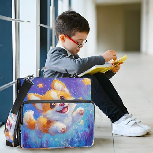 Image of Corgi Dog Star Cartoon Zipper Binder Bag 3 Ring Binder with Shoulder Strap Zip Up 500 Sheets Capacity Multi Pockets for School Office Supplies