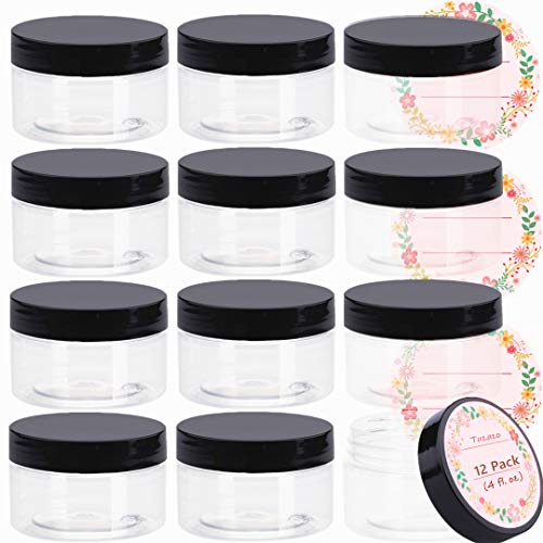 TUZAZO 4 Oz Plastic Containers with Lids and Labels BPA Free, Clear Empty Refillable Plastic Jars with Lids for Cosmetics, Lotions, Body Butters, Bath Salt & Beauty Products (12 Pack)