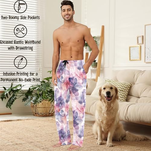 visesunny Mens Cotton Pajama Pants PJ Bottoms Purple Watercolor Flower Lightweight Soft Lounge Sleepwear with Pockets2