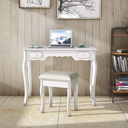 Nightcore Dual Purpose Vanity Set, Soft Padded Stool, Flip Top Mirror, White
