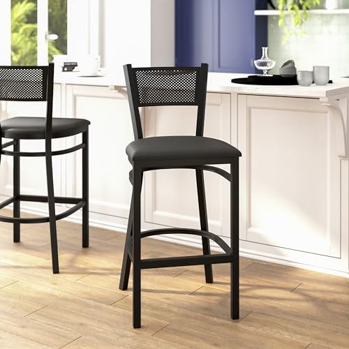 Flash Furniture HERCULES Series Taburete de Bar de Metal con Respaldo de Rejilla Negro - Asiento de Vinilo Negro miniatura 2
