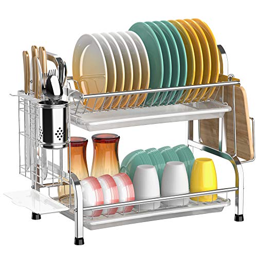 Dish Drying Rack, Cambond 304 Stainless Steel 2 Tier Dish Rack with Drain