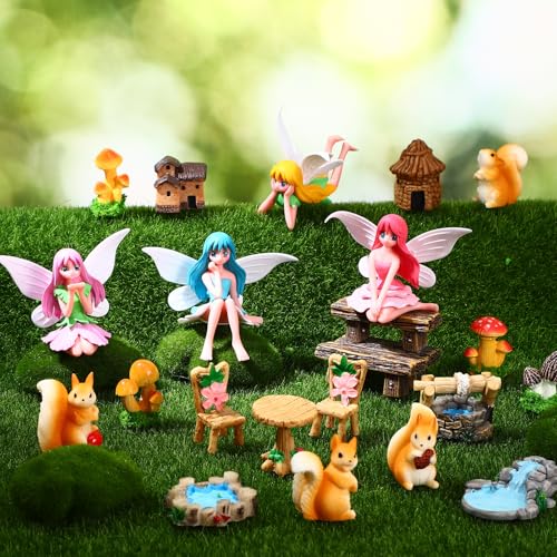 Meng Jiaran 23Pcs Fairy Garden Miniature Accessories Micro Landscape Resin Mini Fairy Squirrels Mushrooms Houses Table Chiar Garden Ornament for DIY Terrarium Plant Pots Dollhouse Desk Decor