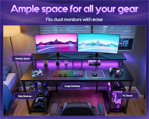 Image of ODK 55 inch Gaming Desk with LED Lights & Power Outlets, Computer Desk with Monitor Stand & Storage Shelves, CPU Stand, Home Office Desk, Black