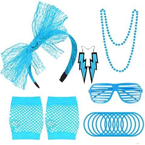ONUPGO 80s Accessories Costumes for Women Neon Headband Earrings Fishnet Gloves Necklace for 80s Retro Theme Party Outfits… (Neon Blue) Cover
