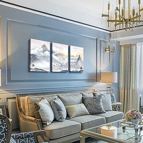 Image of Mountain Landscape Abstract Painting Canvas Wall Art For Living Room Bathroom Wall Decor For Bedroom Kitchen Artwork Canvas Prints 3 Pieces Modern Framed Office Home Decorations Watercolor Picture