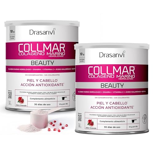 DRASANVI COLLMAR BEAUTY COLAGENO ACIDO HIALURONICO | Colágeno Marino Hidrolizado con Vitamina C Natural y Biotina |Beauty Collagen Piel Bonita e Hidratada| Sabor Granada, 2 x 300 GR= 60 Días