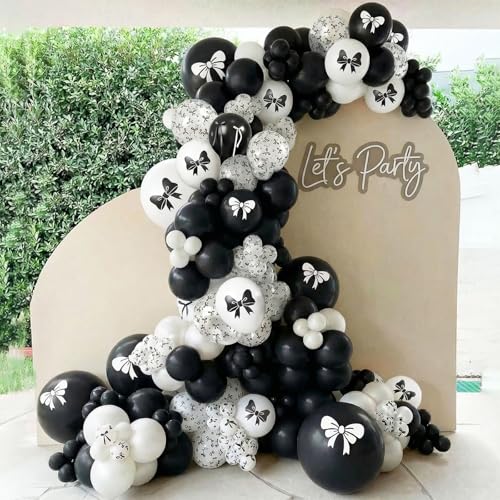 Image of Black Bow Balloons, 60PCS Double Stuffed Pearl White Balloons, 12 Inch Black White Bow Printed Balloon with Ribbon for Girls Women Birthday Bridal Baby Shower Wedding Bachelorette Party Decorations