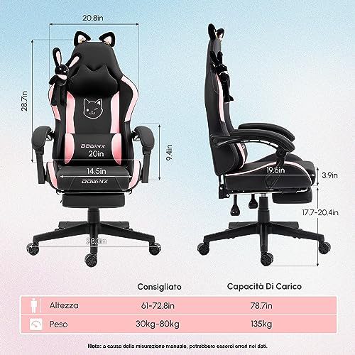 Sedia Gaming Rosa Ergonomica Cute Cat Version - Sedia da Ufficio Ergonomica con Schienale Alto e Supporto Lombare Massaggiante, Ecopelle, Poggiapiedi, Nero - Sedia gaming - Immagine 2