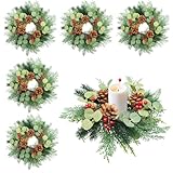 6 Pcs Christmas Candle Rings Wreath Norfolk Pine Eucalyptus Leaves Garland Red Berry Pinecones Wreaths Artificial Snowy Pine Garland Candle Ring Holder for Christmas Wedding Home Table Centerpiece