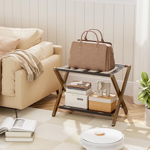 vovala Luggage Rack, Folding Suitcase Stand with Storage Shelf, Premium Bamboo Luggage Holder for Guest Room Bedroom, Hotel - Image 3